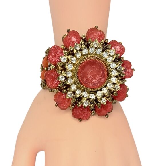 Pink And Orange Rhinestone Heart Flower Clamp Statement Bracelet 6.7" VTG - Picture 5 of 12
